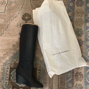 Loeffler Randall size 6.5 black leather knee high wedge boots EUC